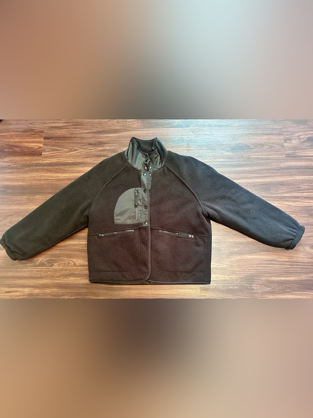 Quince Black Snap Front Sherpa Jacket with Nylon Chest Panel